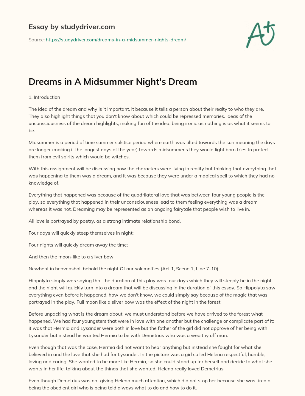 Dreams in a Midsummer Night’s Dream essay