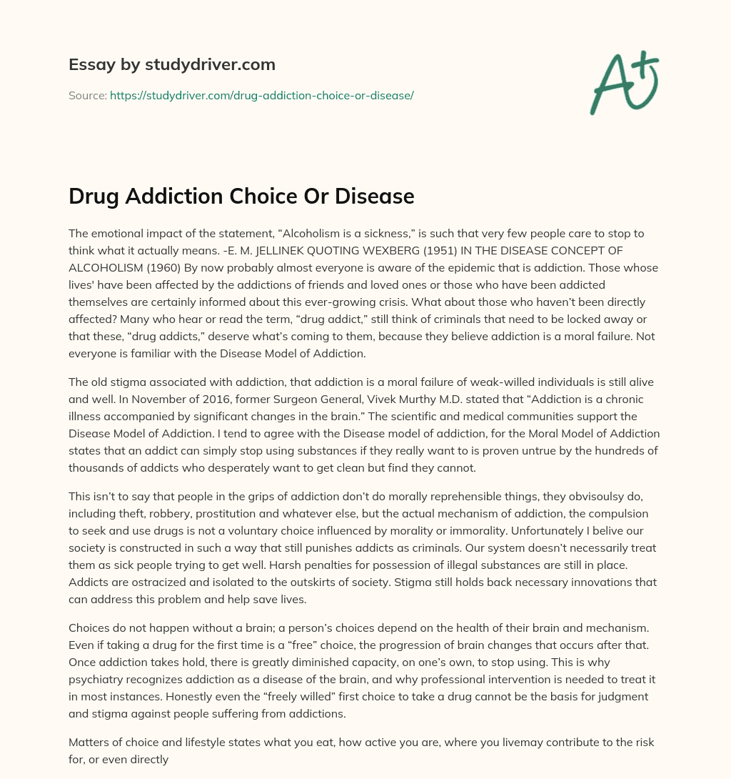 Drug Addiction Choice or Disease essay