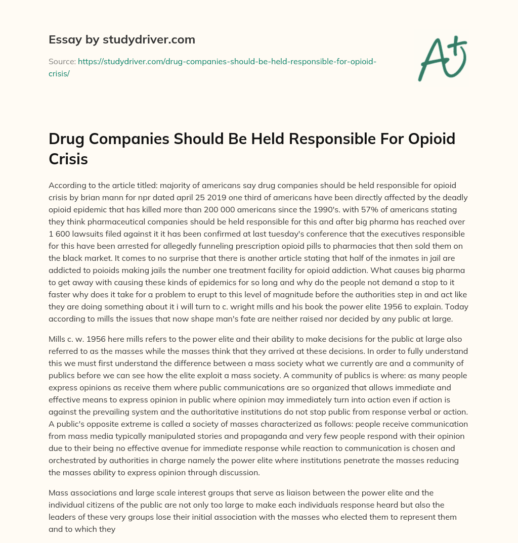 Drug Companies should be Held Responsible for Opioid Crisis essay