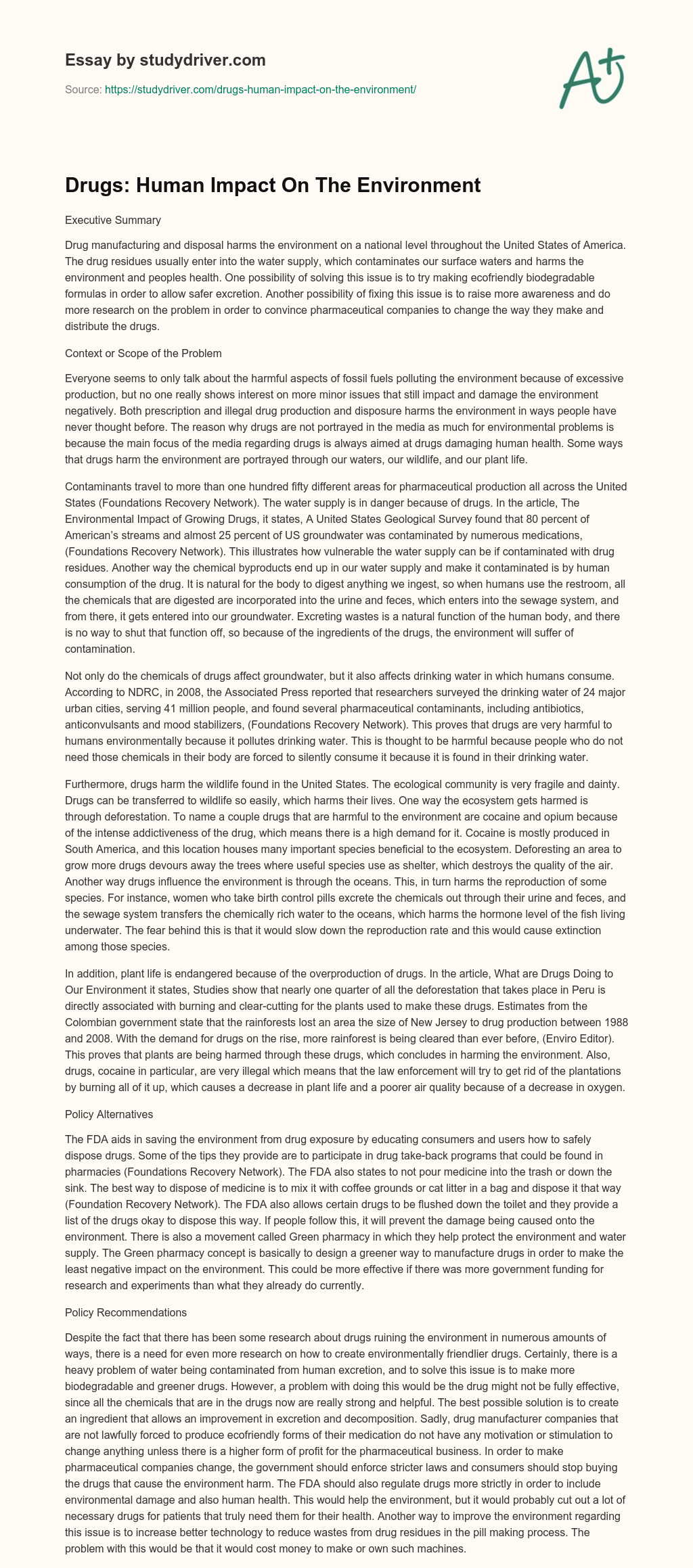 Drugs: Human Impact on the Environment essay