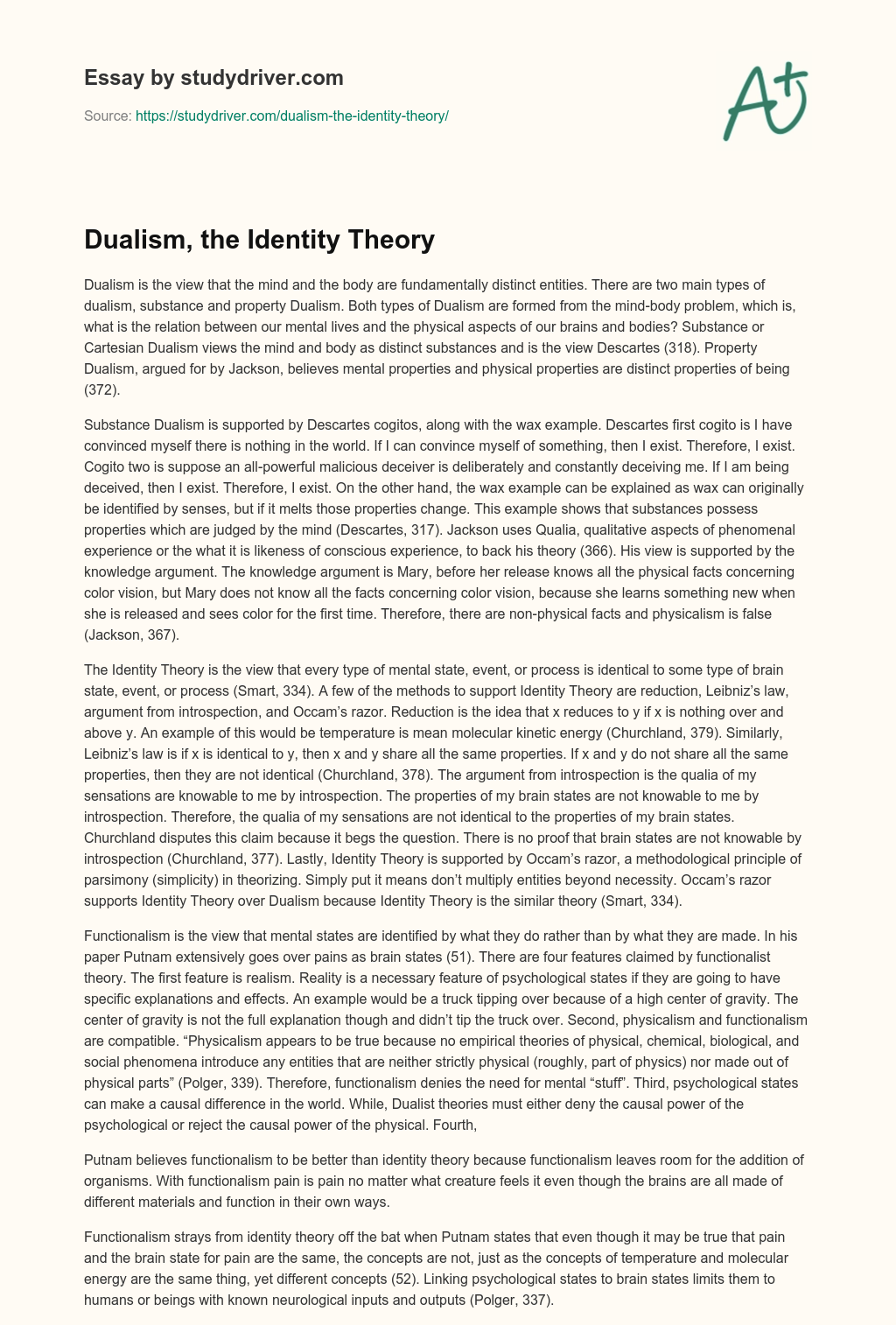 Dualism, the Identity Theory essay