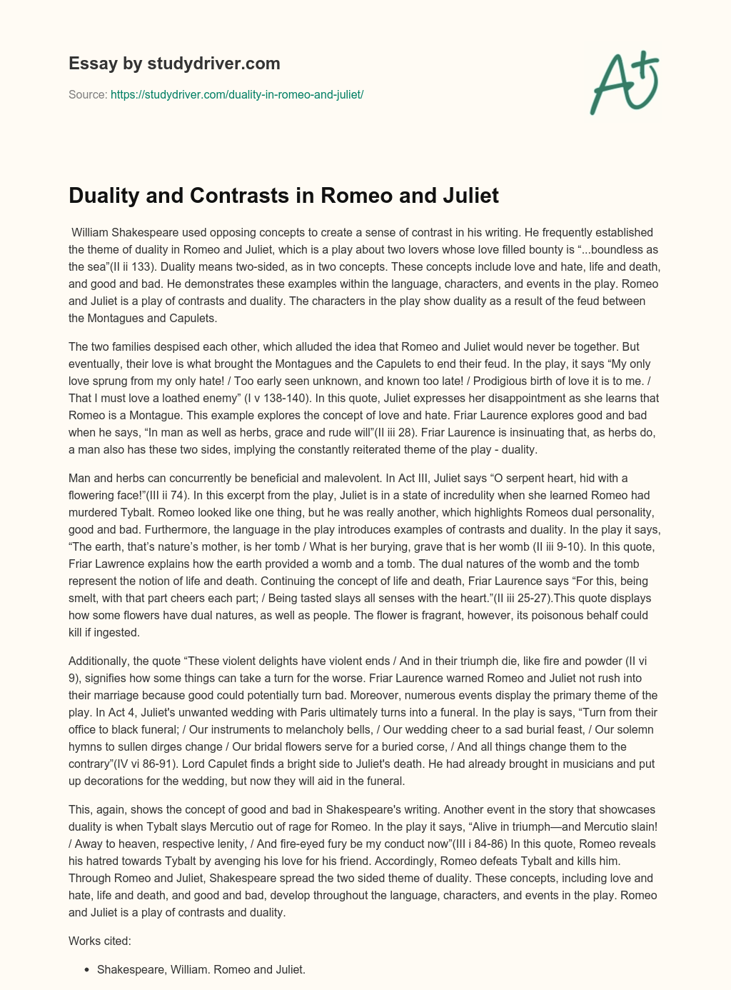 Duality and Contrasts in Romeo and Juliet essay