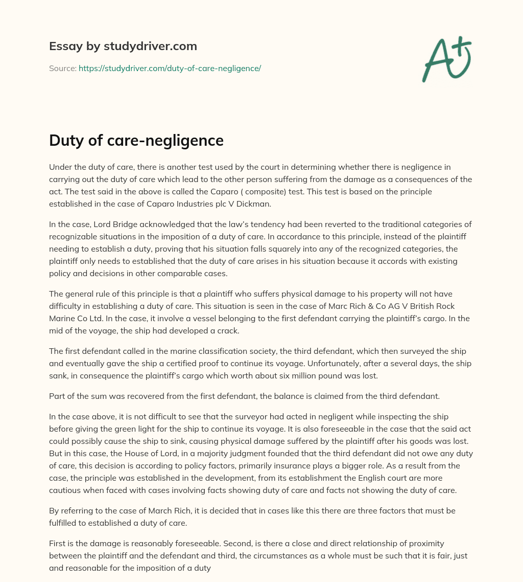 Duty of Care-negligence essay