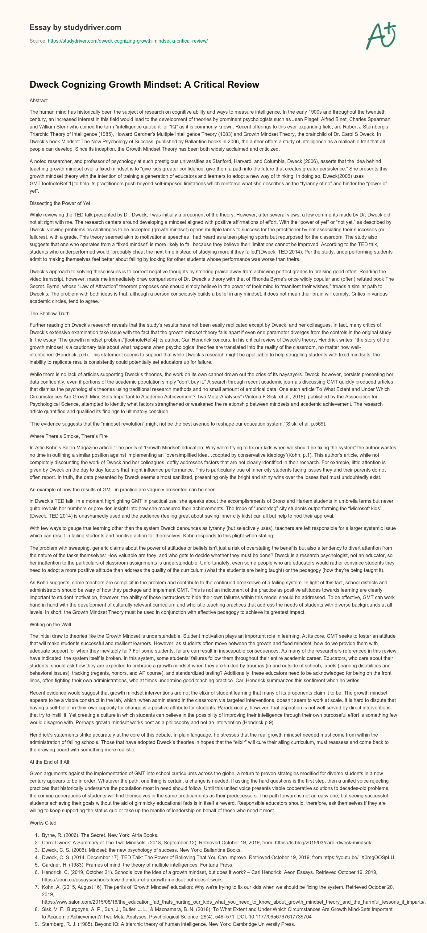 Dweck Cognizing Growth Mindset: a Critical Review essay