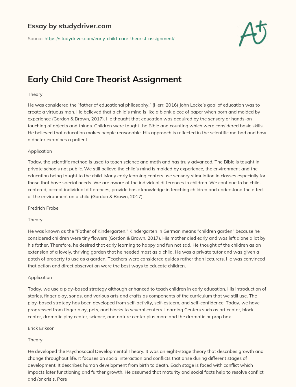 Early Child Care Theorist Assignment essay