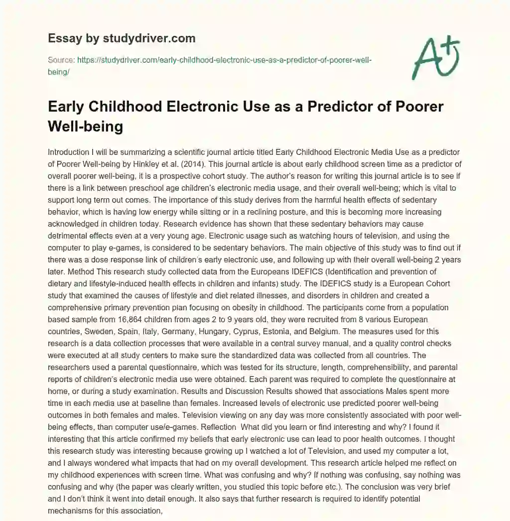 Early Childhood Electronic Use as a Predictor of Poorer Well-being  essay