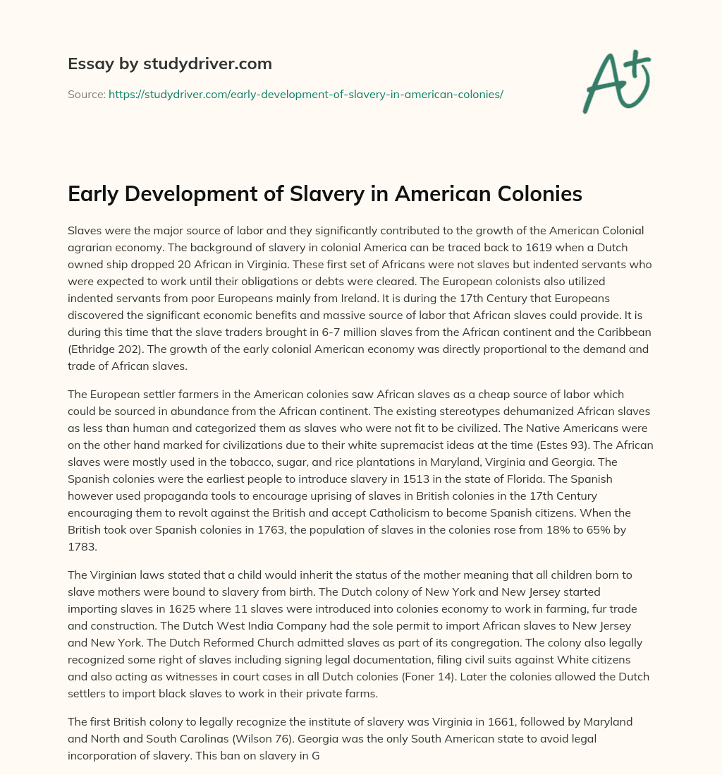 Early Development of Slavery in American Colonies essay