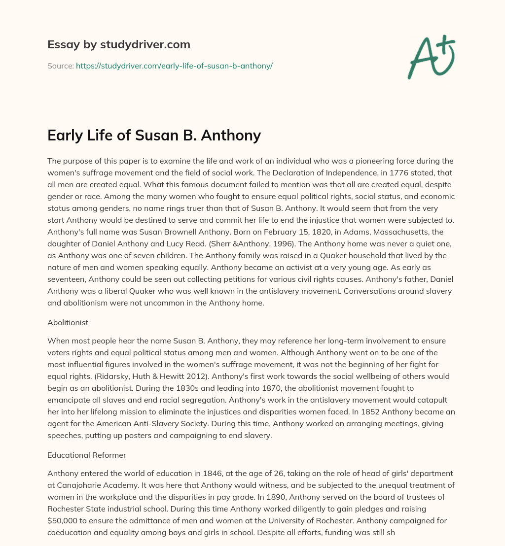 Early Life of Susan B. Anthony essay
