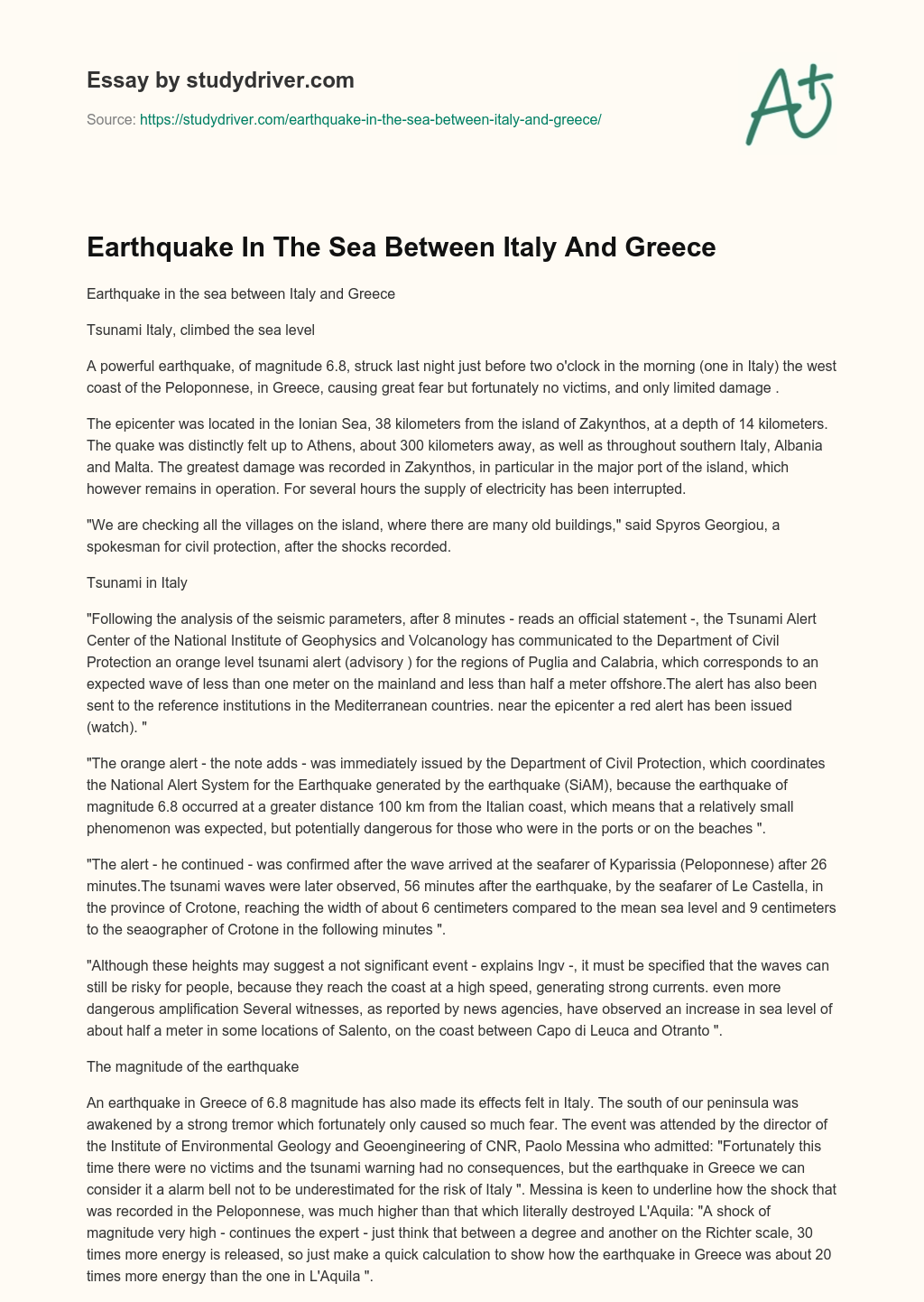 Earthquake in the Sea between Italy and Greece essay