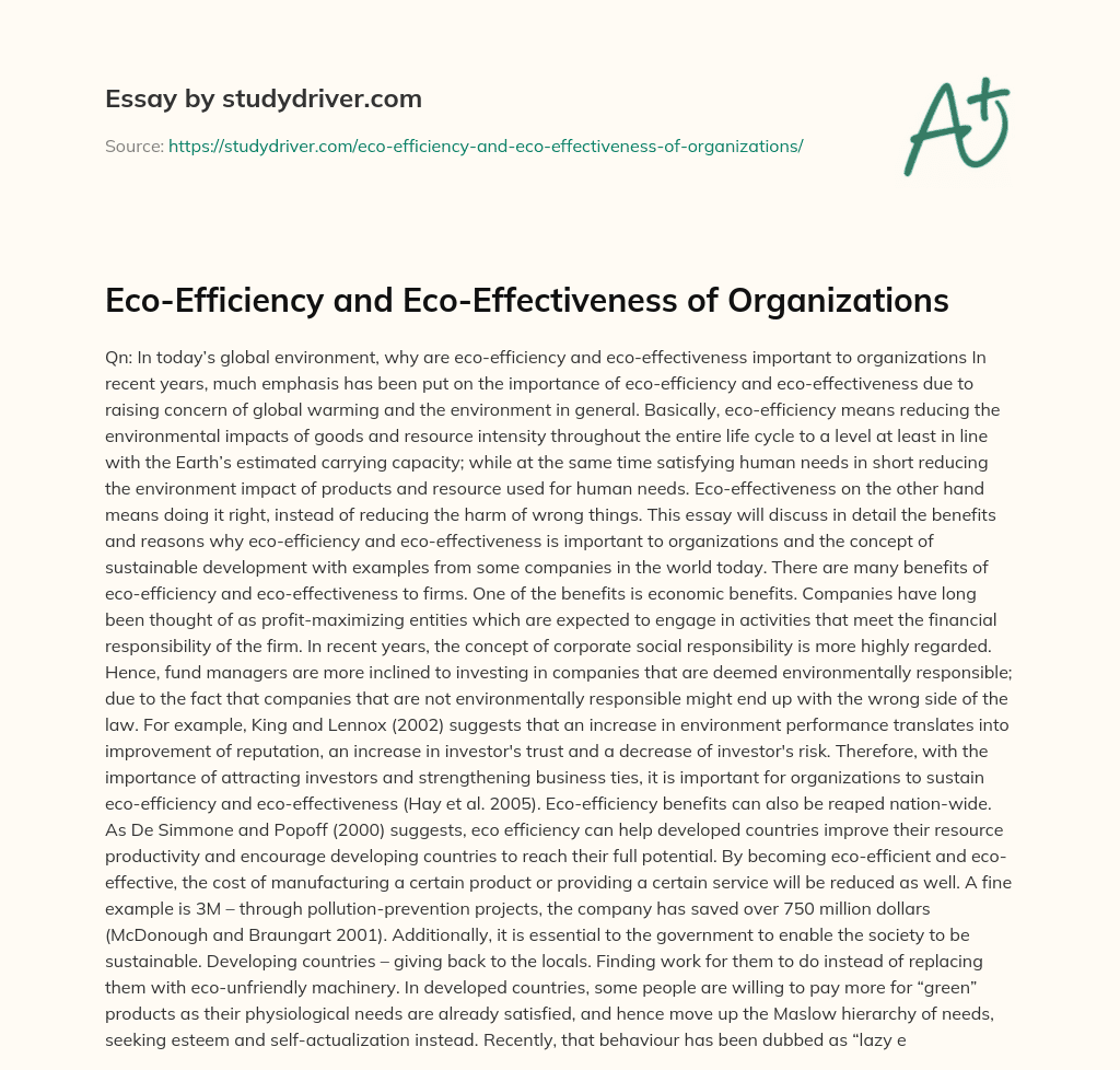Eco-Efficiency and Eco-Effectiveness of Organizations essay