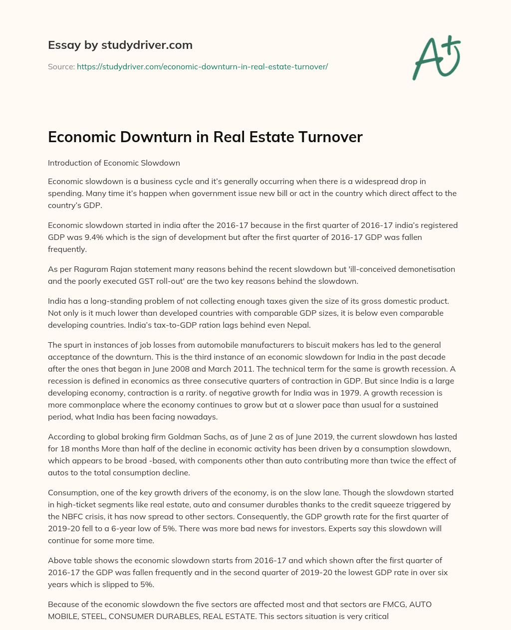 Economic Downturn in Real Estate Turnover essay