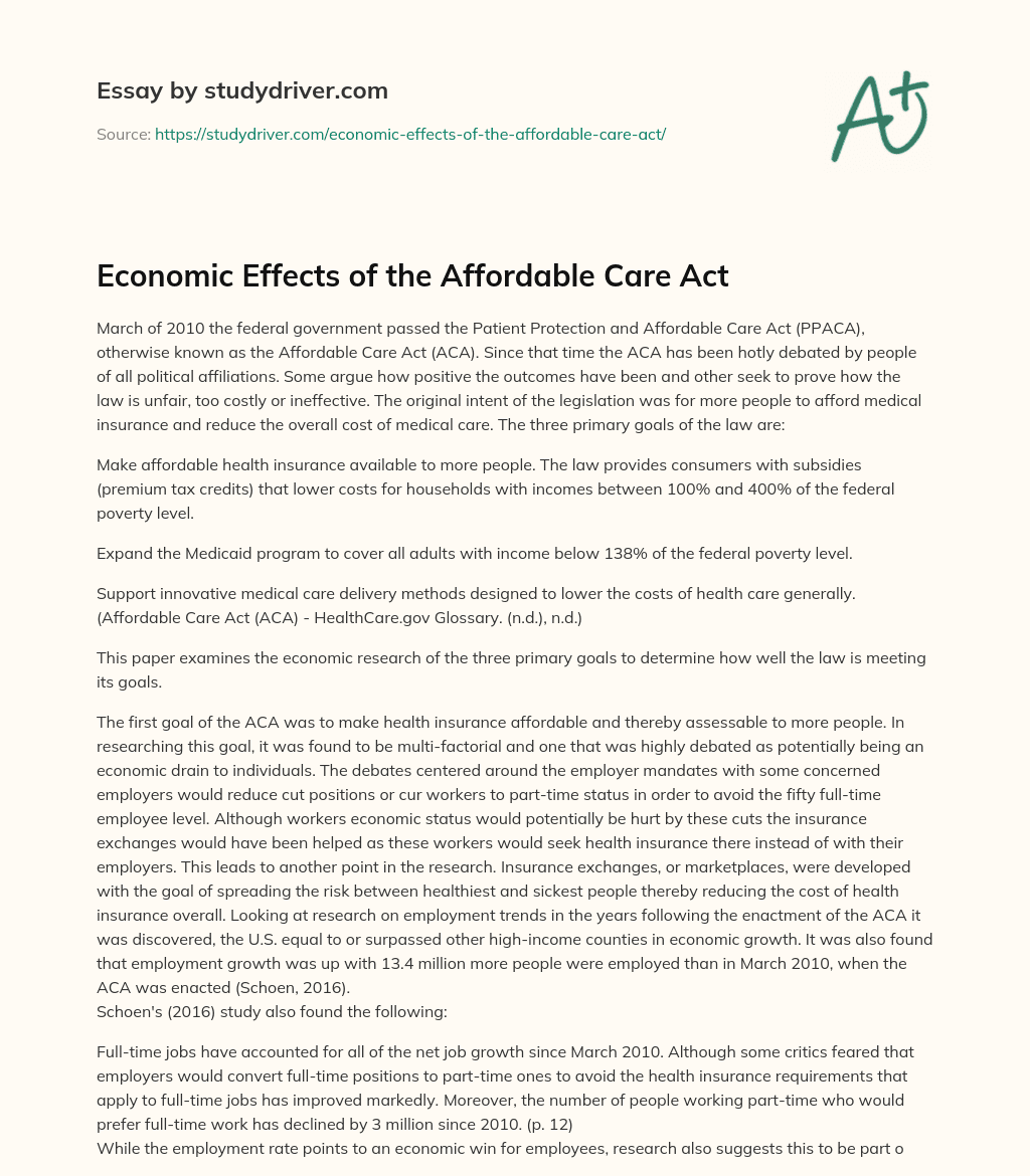 Economic Effects of the Affordable Care Act essay