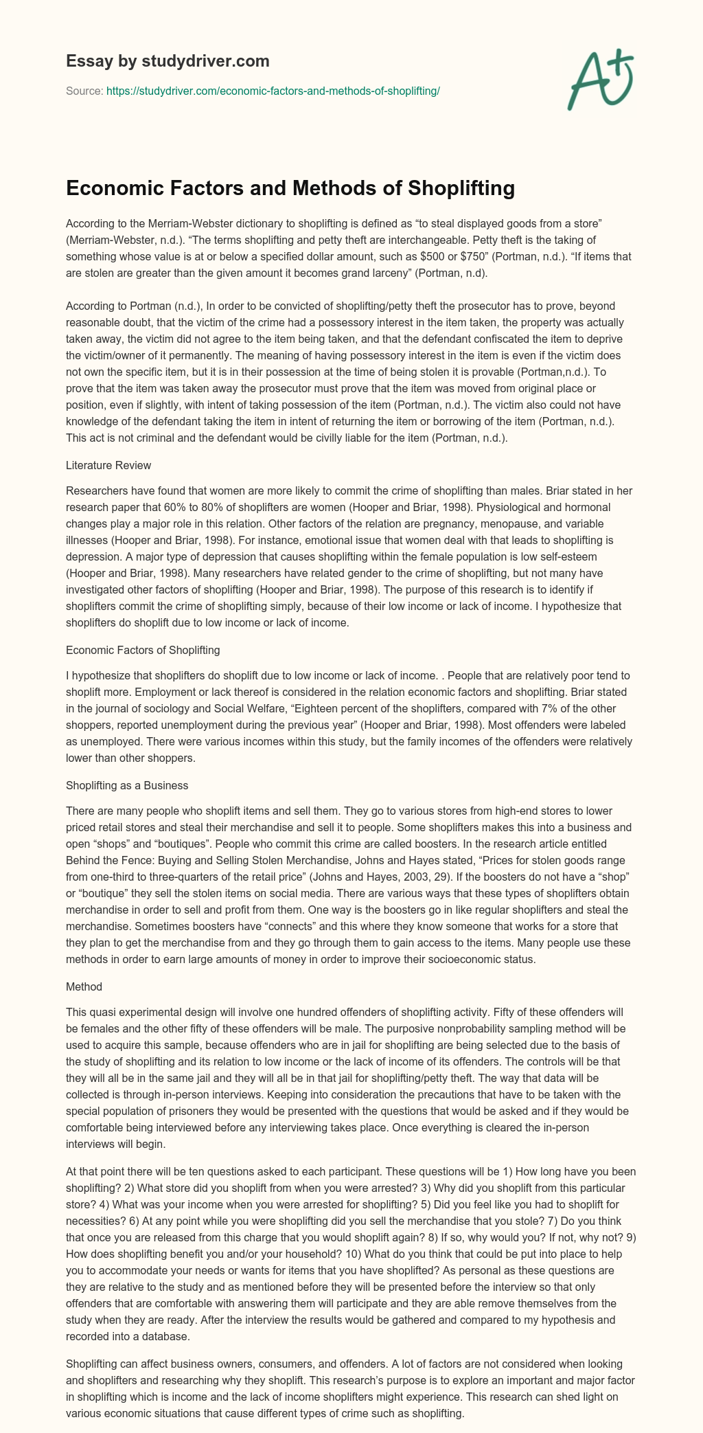 Economic Factors and Methods of Shoplifting essay