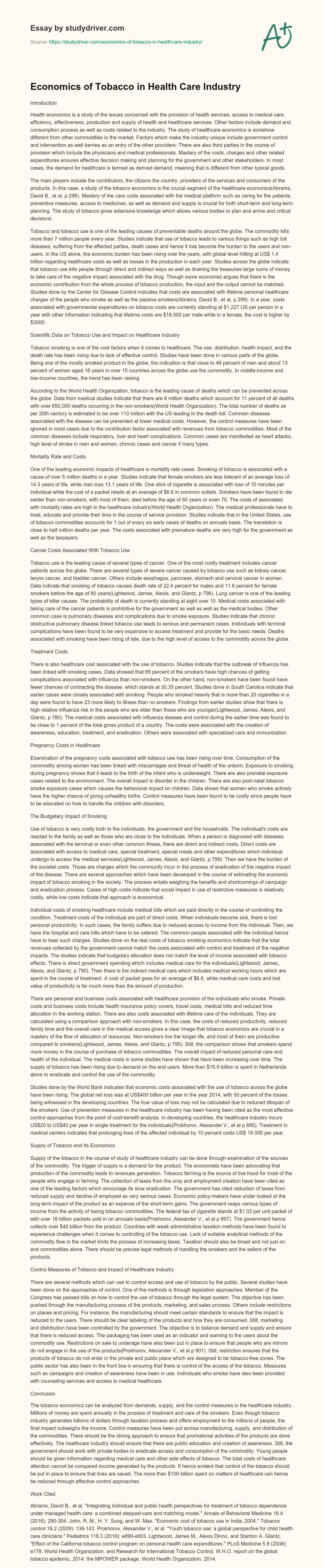 Economics of Tobacco in Health Care Industry essay