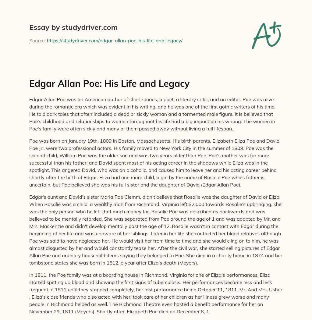 Edgar Allan Poe: his Life and Legacy essay