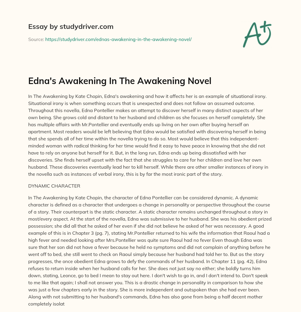 Edna’s Awakening in the Awakening Novel essay