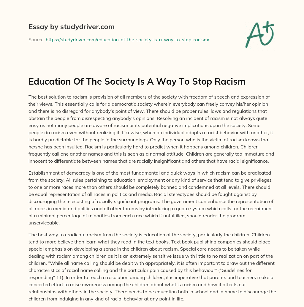 Education of the Society is a Way to Stop Racism essay