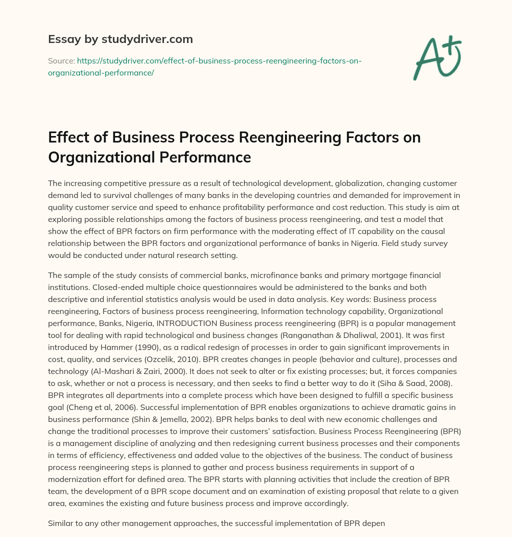 Effect of Business Process Reengineering Factors on Organizational Performance essay