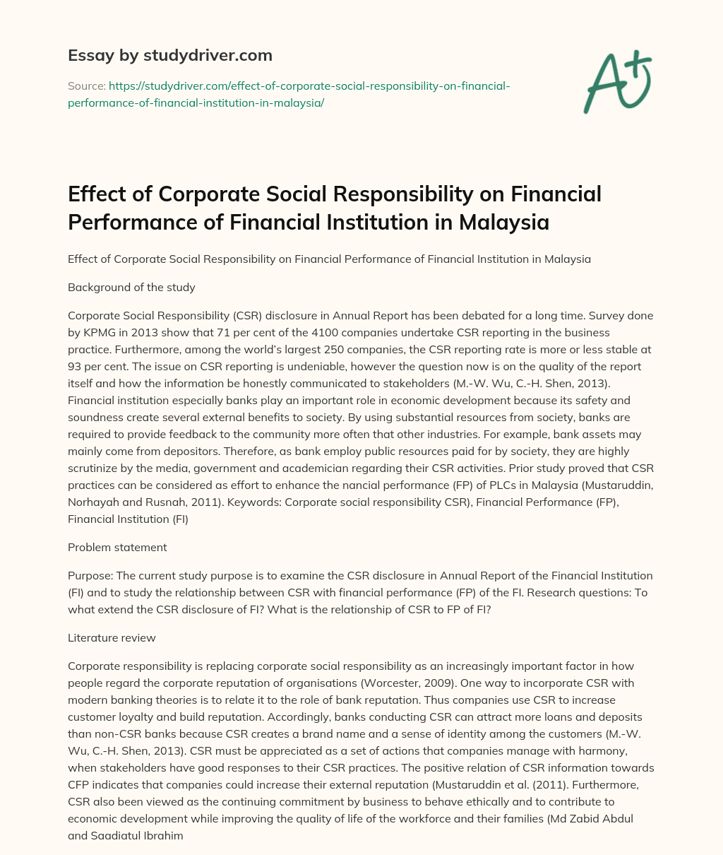Effect of Corporate Social Responsibility on Financial Performance of Financial Institution in Malaysia essay
