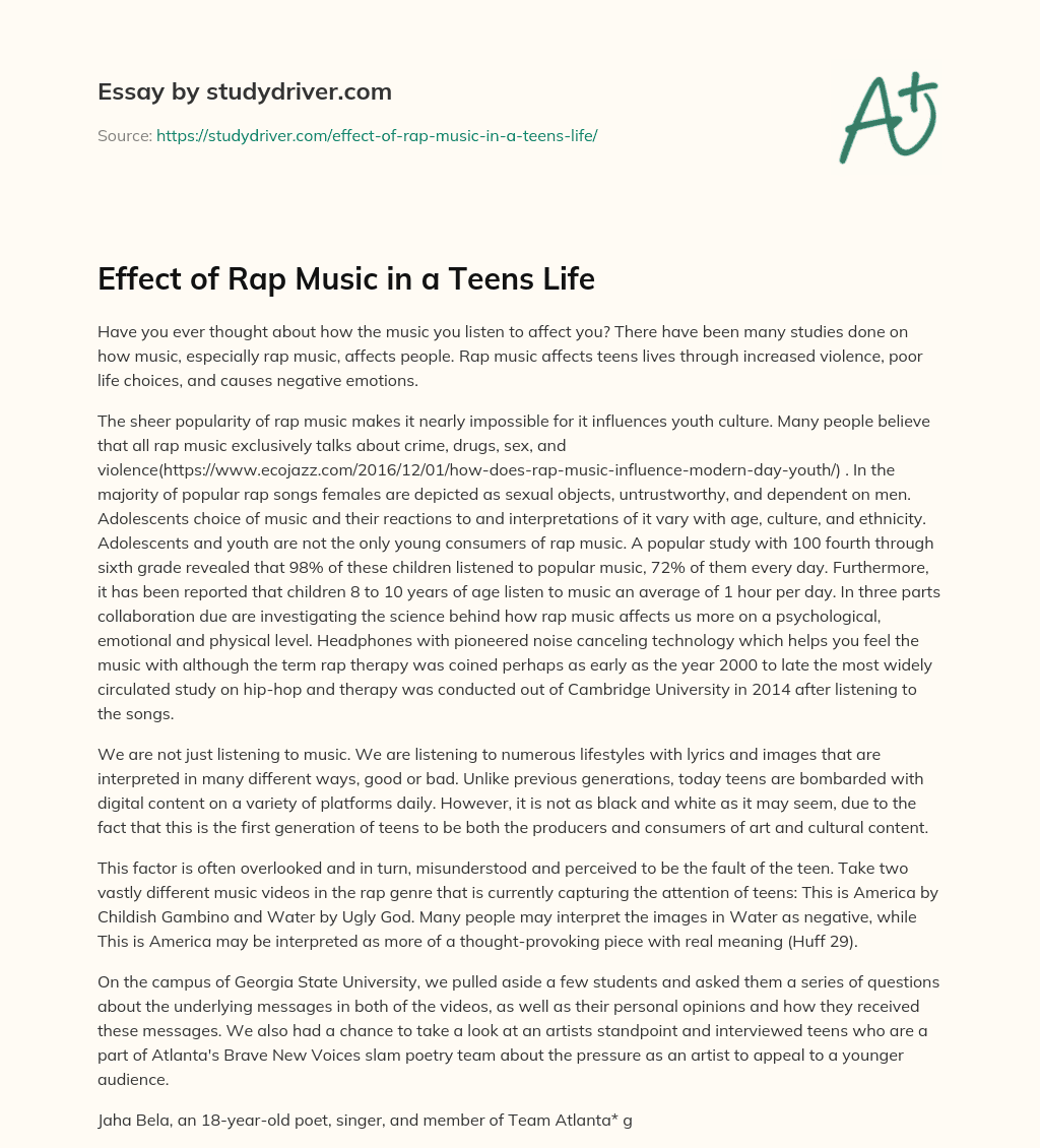 Effect of Rap Music in a Teens Life essay