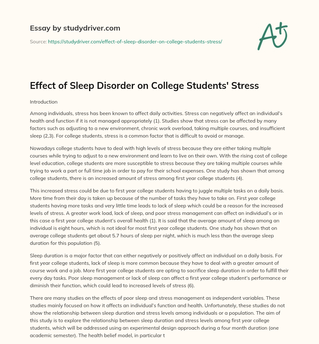 Effect of Sleep Disorder on College Students’ Stress essay