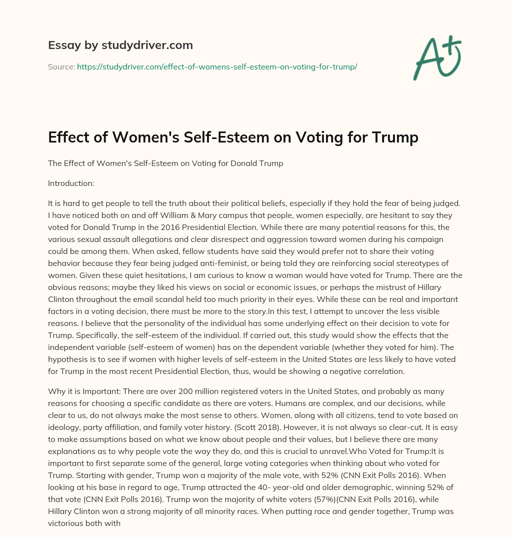 Effect of Women’s Self-Esteem on Voting for Trump essay