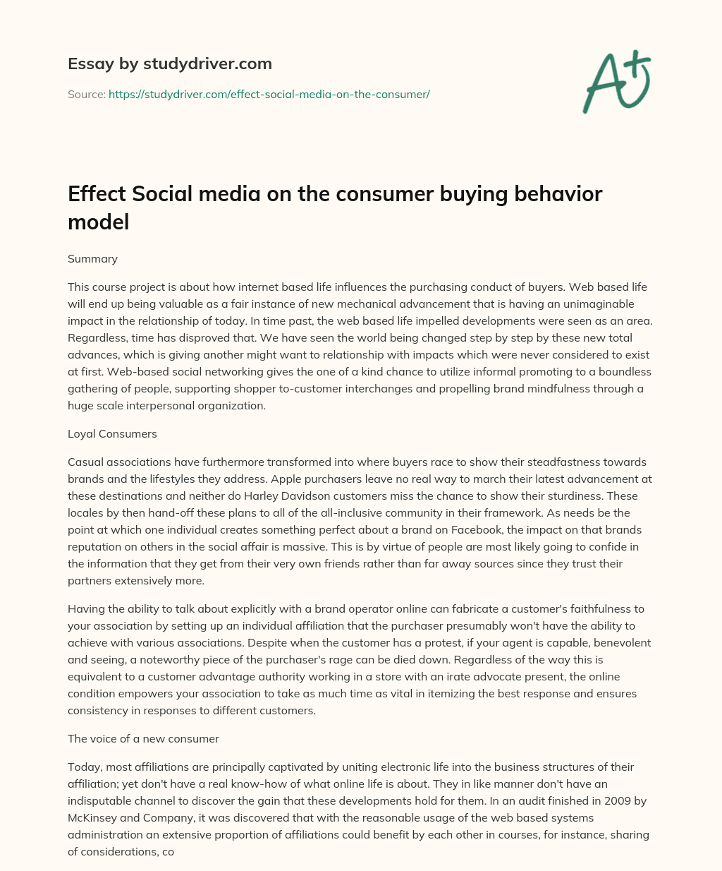 Effect Social Media on the Consumer Buying Behavior Model essay