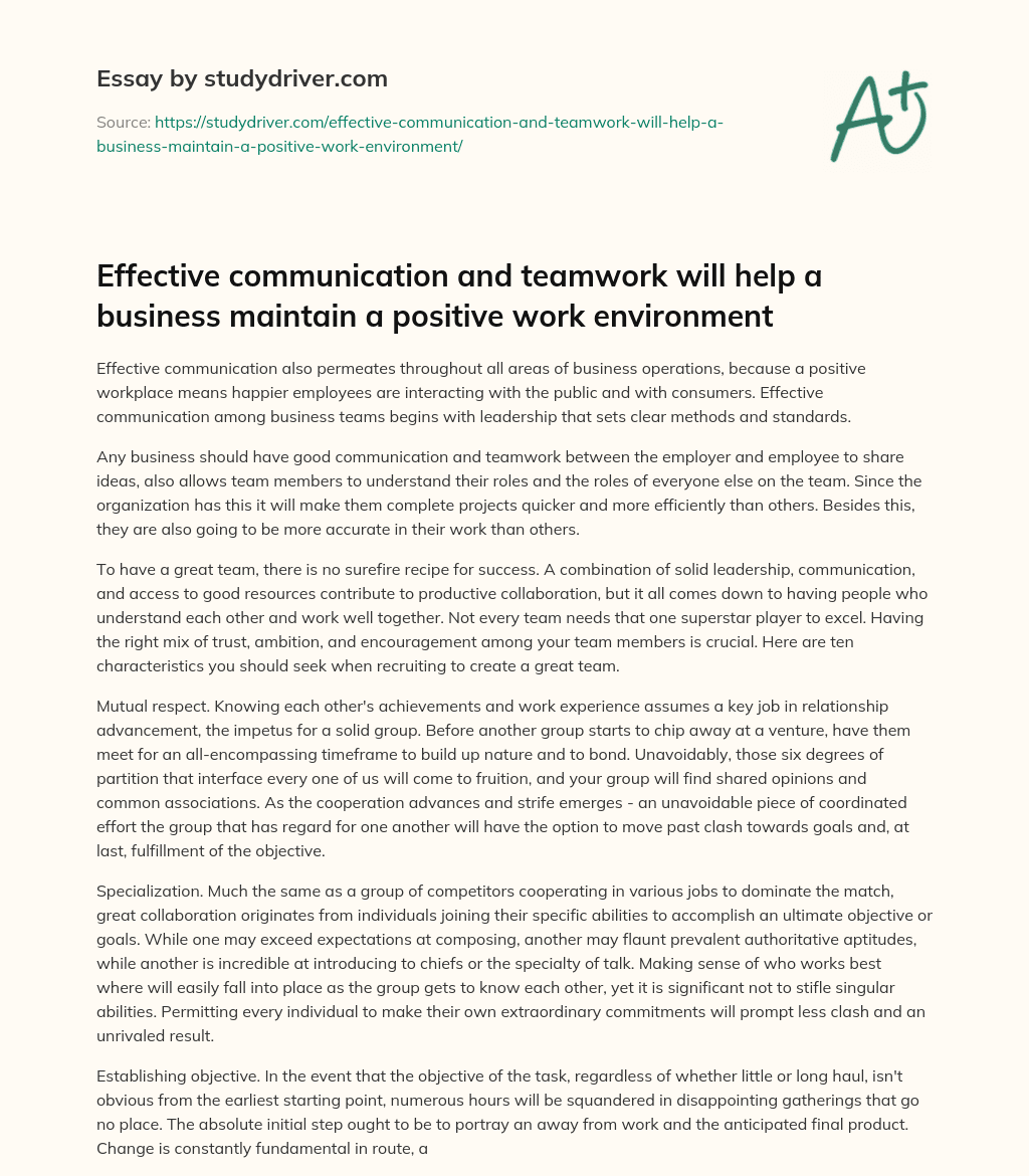 Effective Communication and Teamwork Will Help a Business Maintain a Positive Work Environment essay