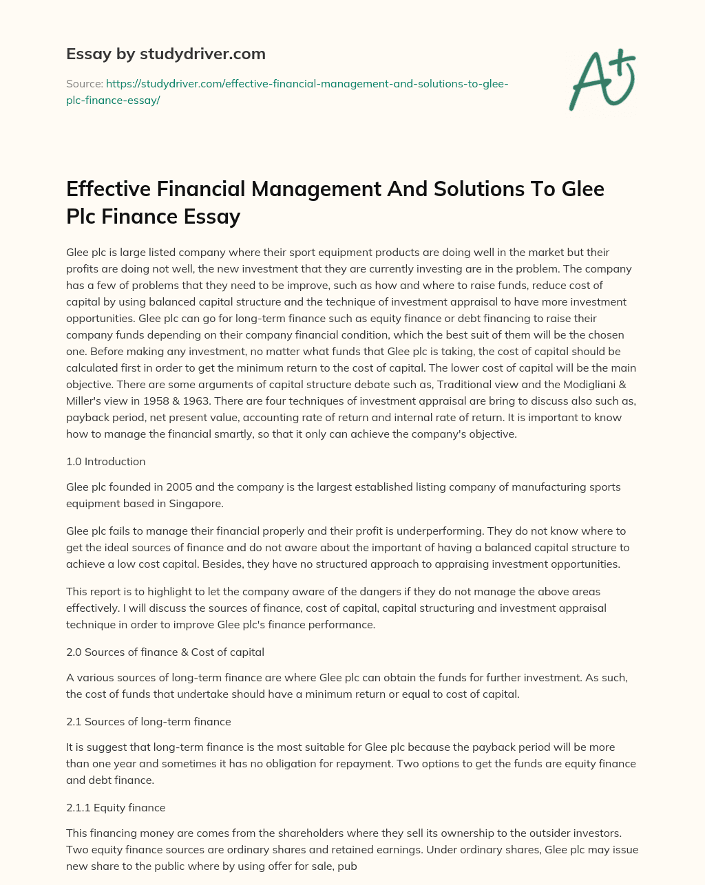 Effective Financial Management and Solutions to Glee Plc Finance Essay essay