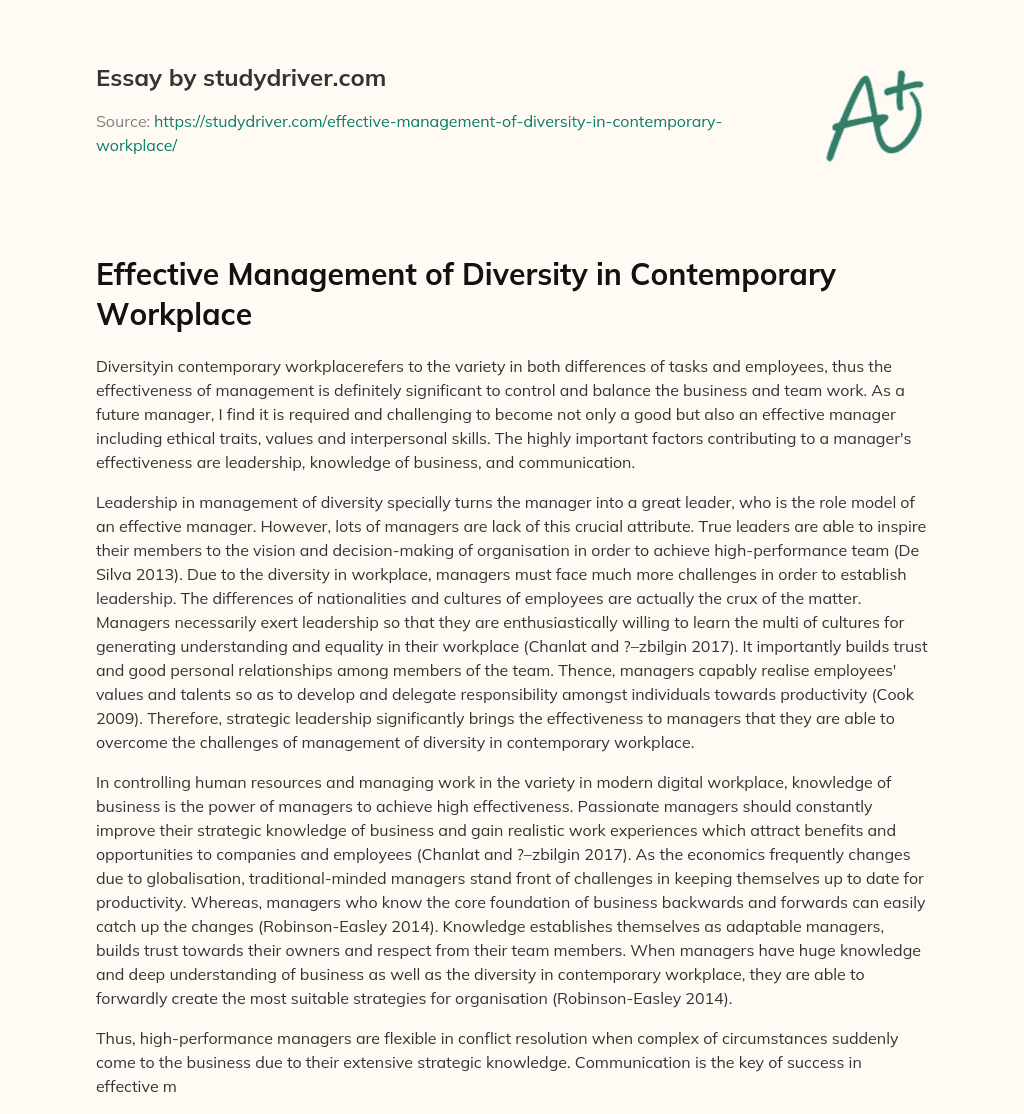 Effective Management of Diversity in Contemporary Workplace essay