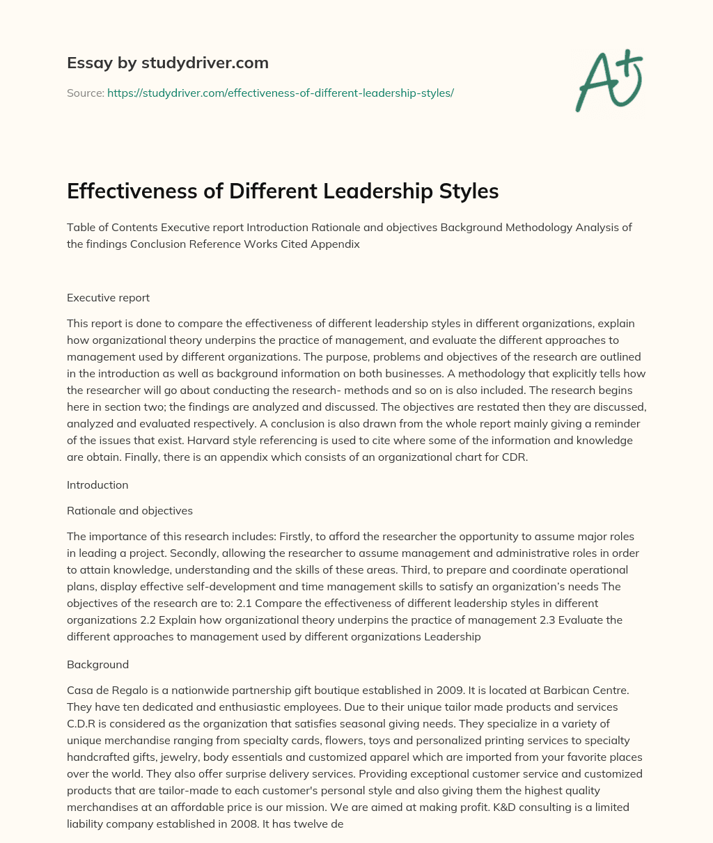 Effectiveness of Different Leadership Styles essay