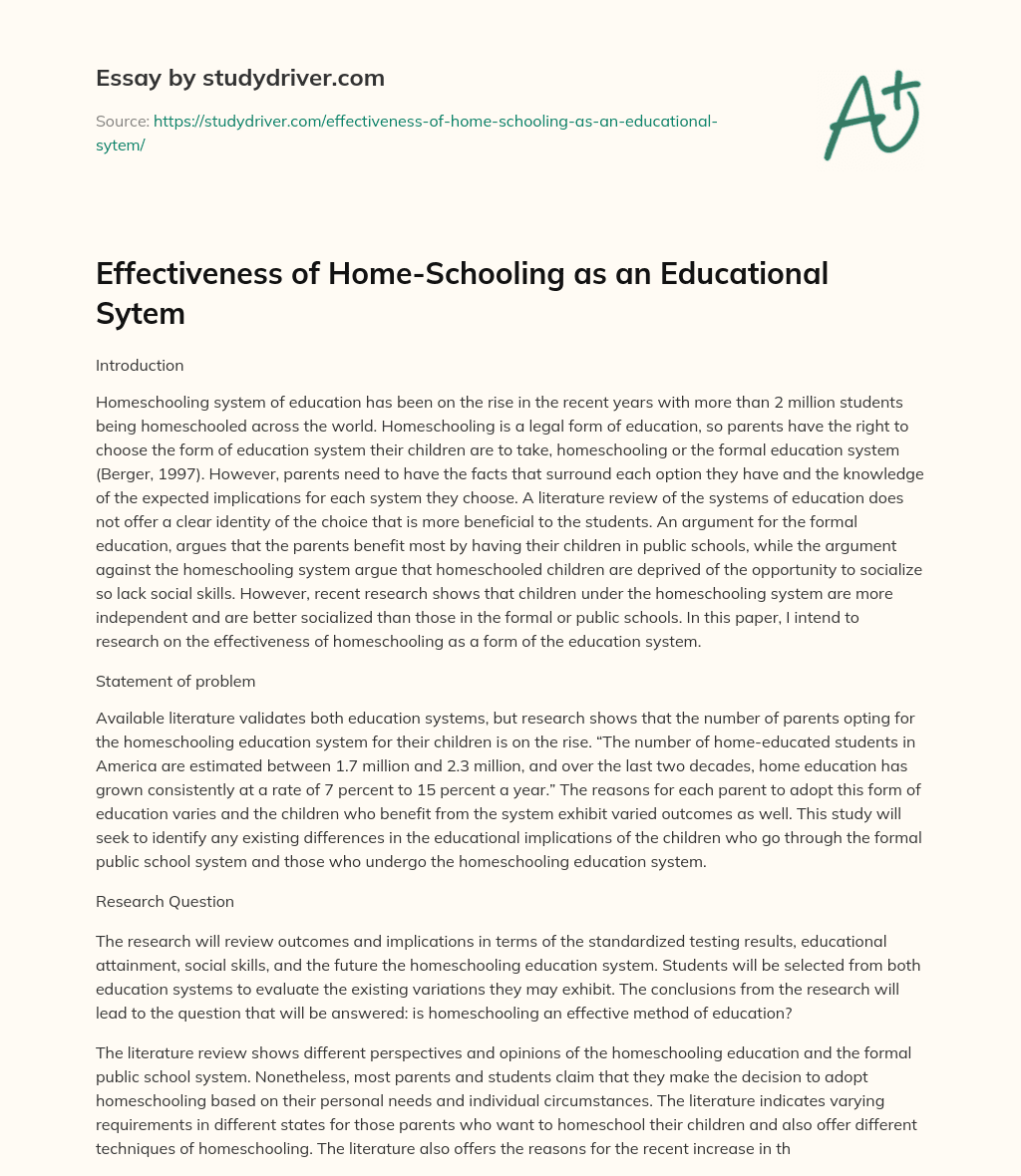 Effectiveness of Home-Schooling as an Educational Sytem essay