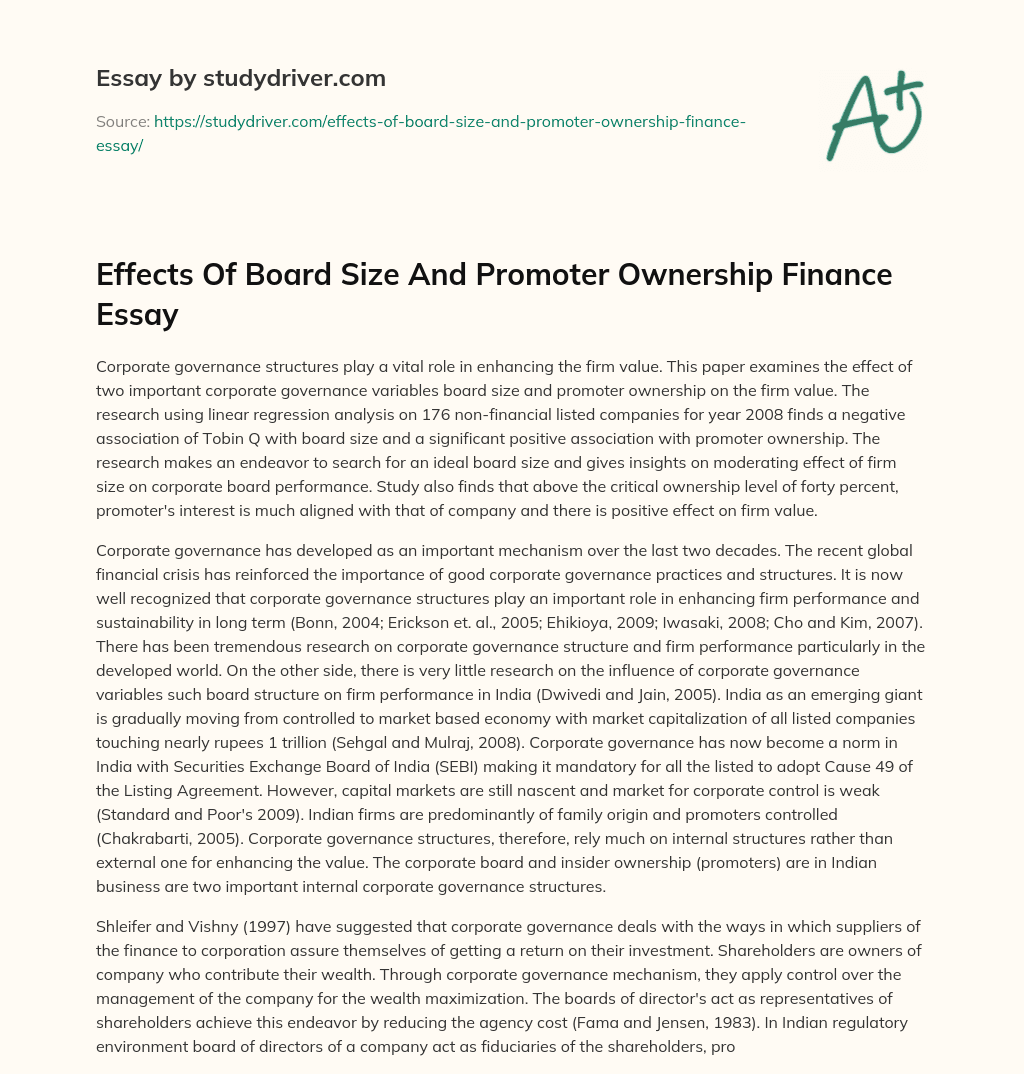 Effects of Board Size and Promoter Ownership Finance Essay essay