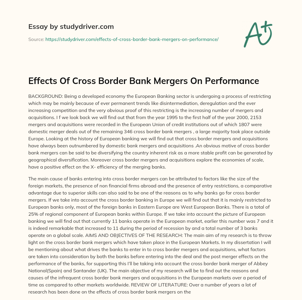 Effects of Cross Border Bank Mergers on Performance essay