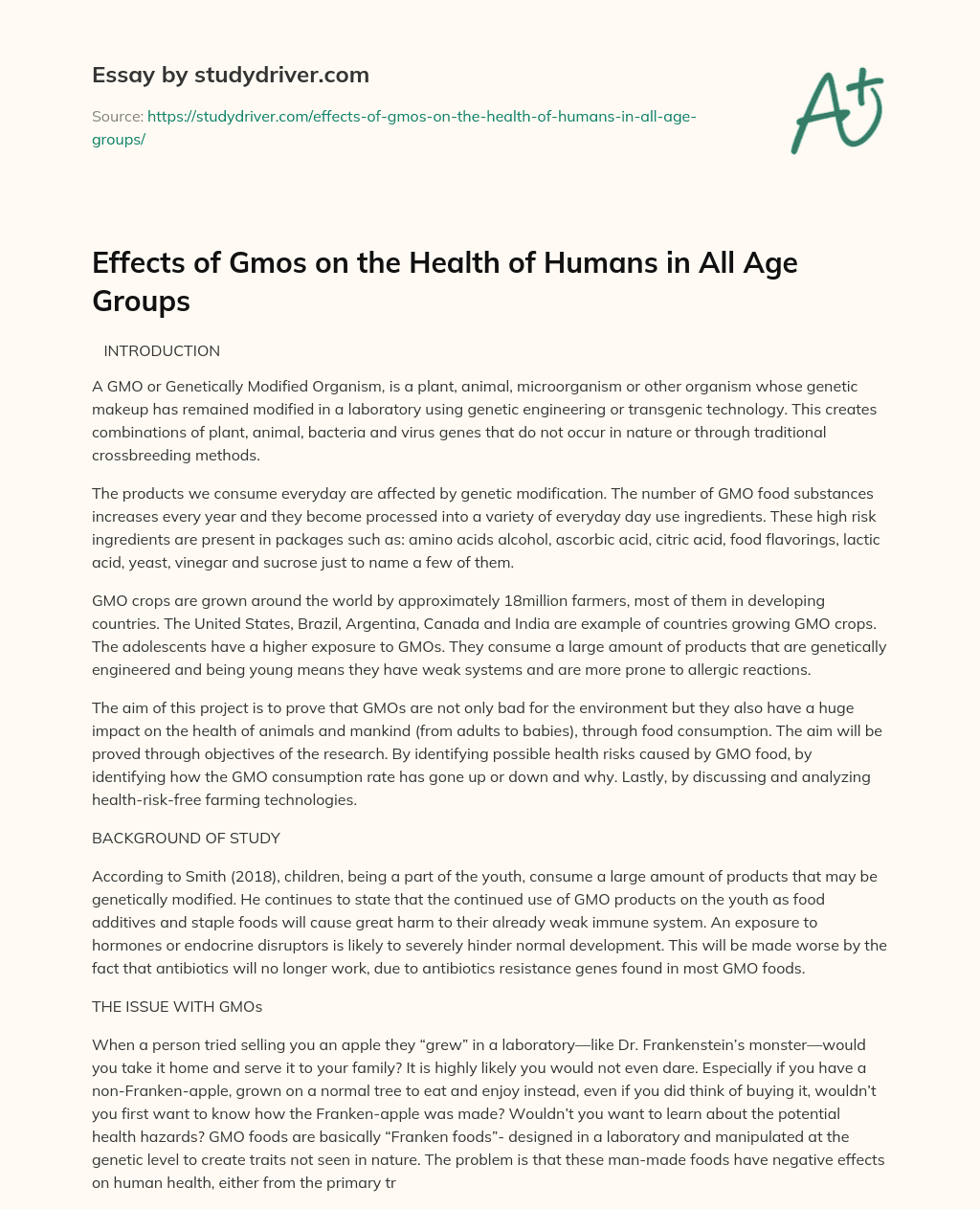 Effects of Gmos on the Health of Humans in all Age Groups essay