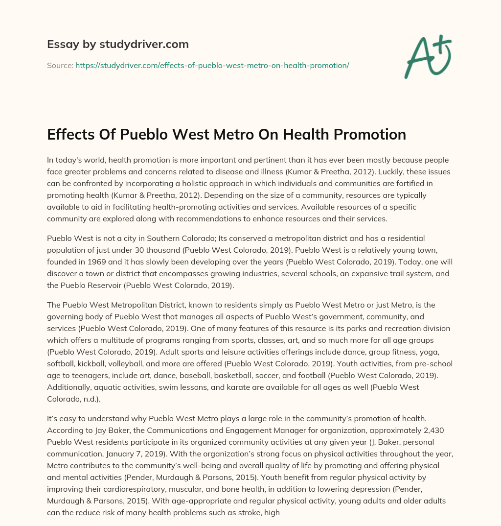 Effects of Pueblo West Metro on Health Promotion essay