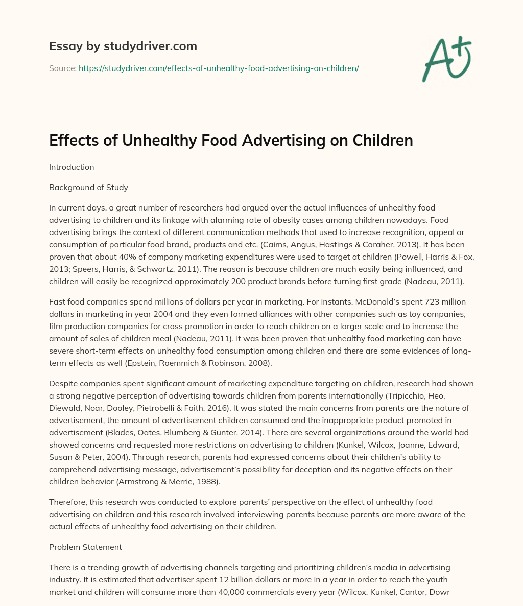 Effects of Unhealthy Food Advertising on Children essay