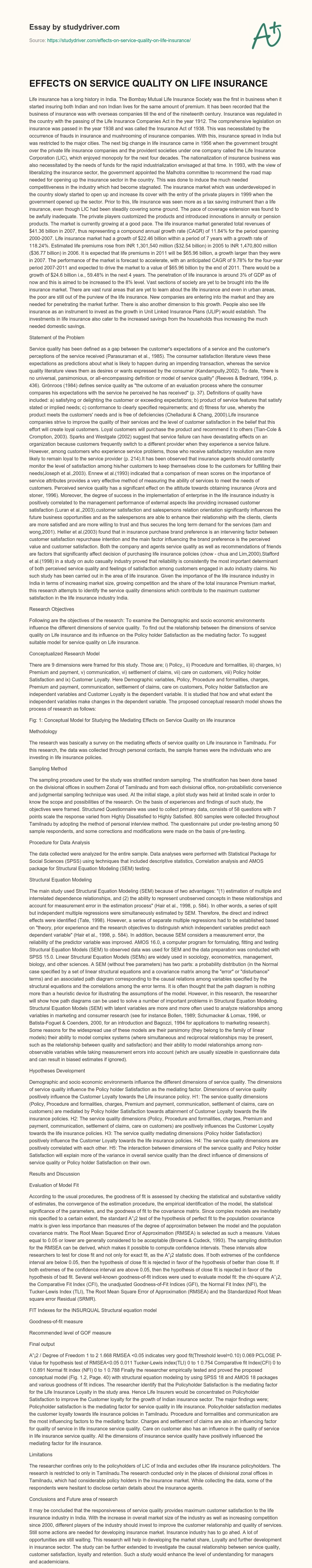 EFFECTS on SERVICE QUALITY on LIFE INSURANCE essay