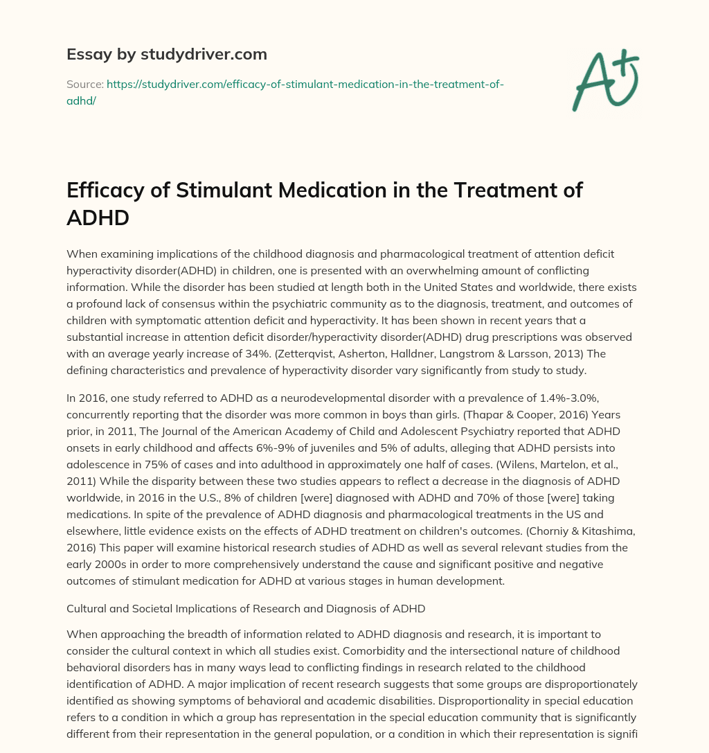 Efficacy of Stimulant Medication in the Treatment of ADHD essay