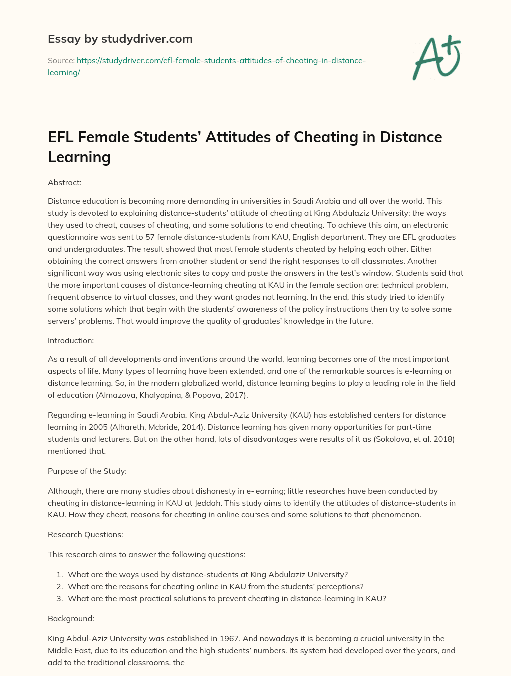 EFL Female Students’ Attitudes of Cheating in Distance Learning essay