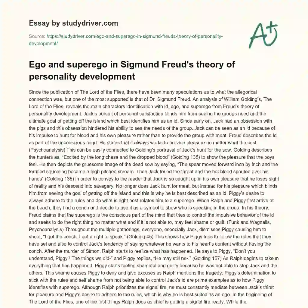 Ego and Superego in Sigmund Freud’s Theory of Personality Development essay