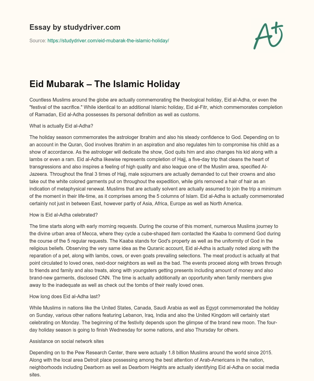 Eid Mubarak – the Islamic Holiday essay