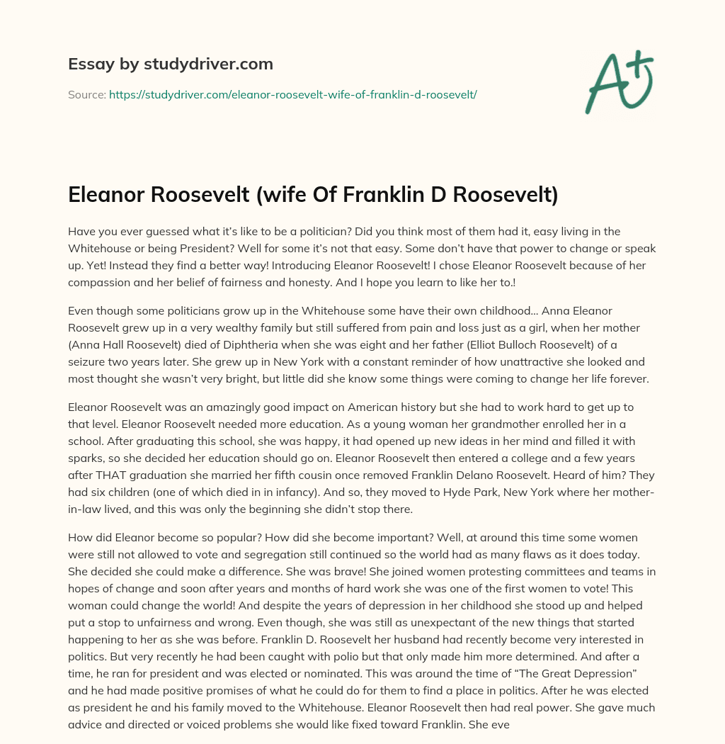 Eleanor Roosevelt (wife of Franklin D Roosevelt) essay