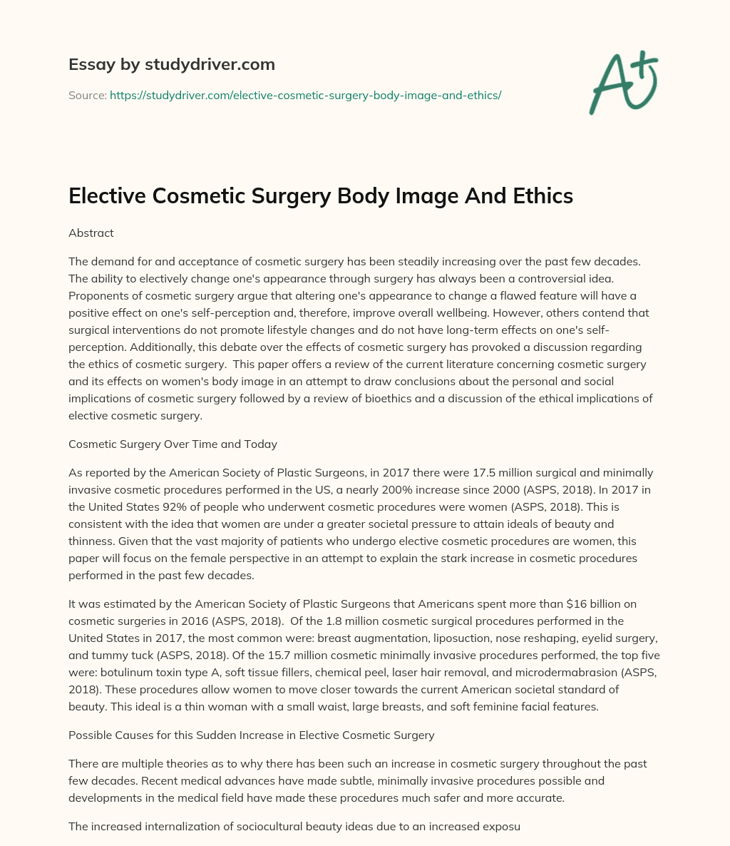 Elective Cosmetic Surgery Body Image and Ethics essay