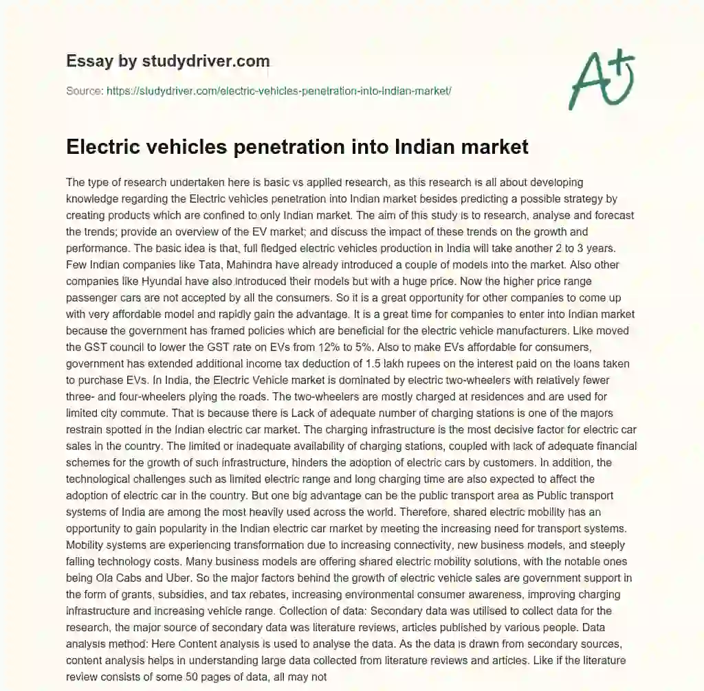 Electric Vehicles Penetration into Indian Market essay
