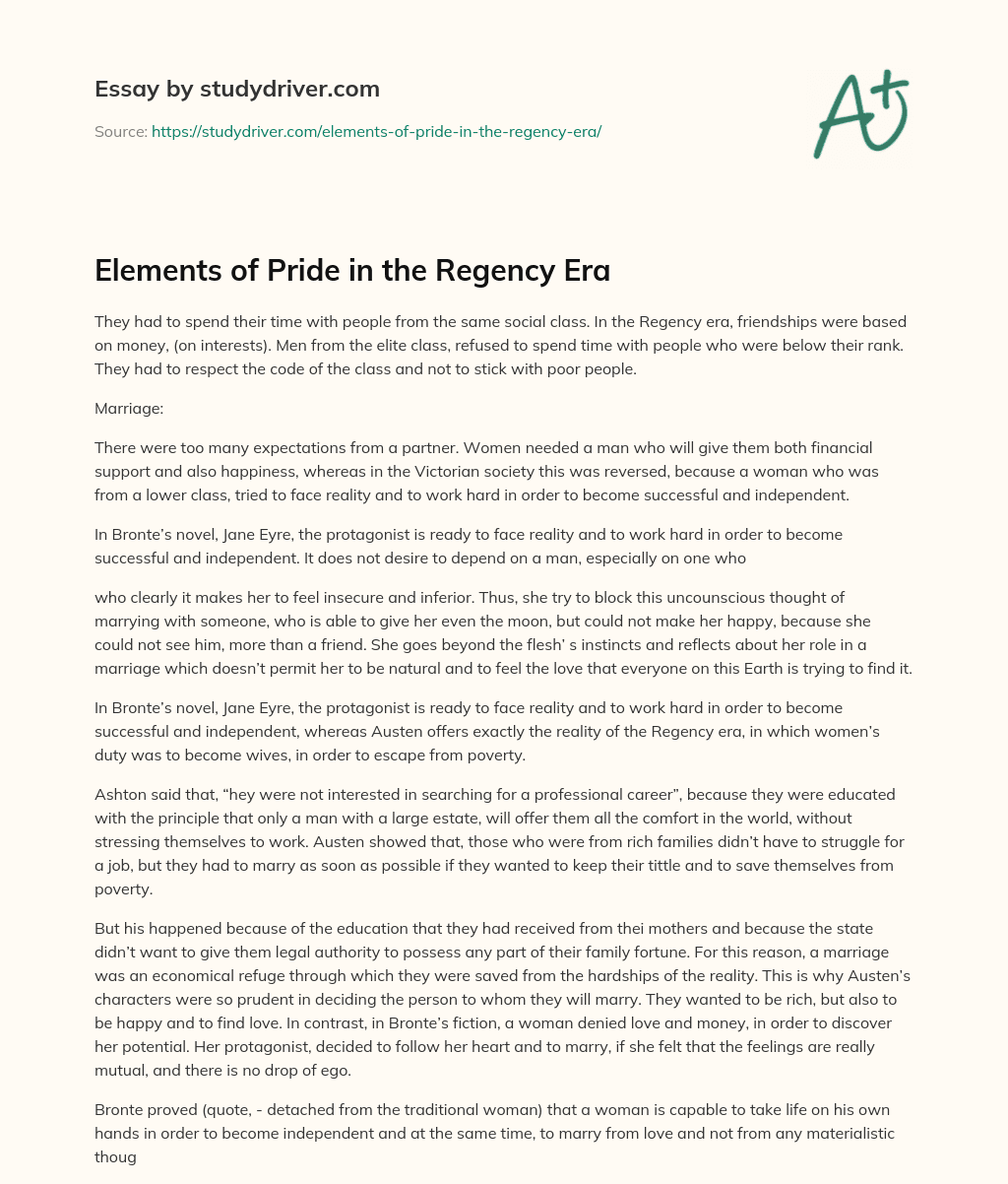 Elements of Pride in the Regency Era essay