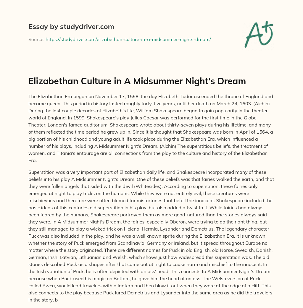 Elizabethan Culture in a Midsummer Night’s Dream essay