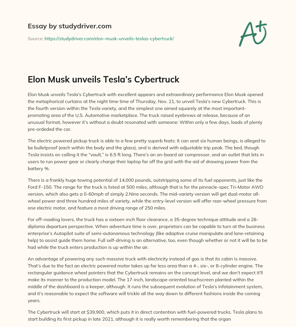 Elon Musk Unveils Tesla’s Cybertruck essay
