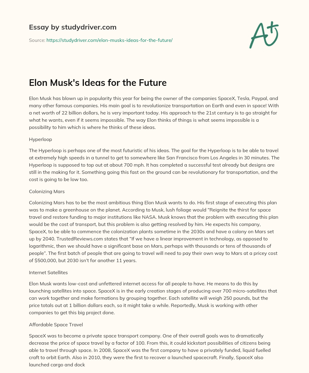 Elon Musk’s Ideas for the Future essay