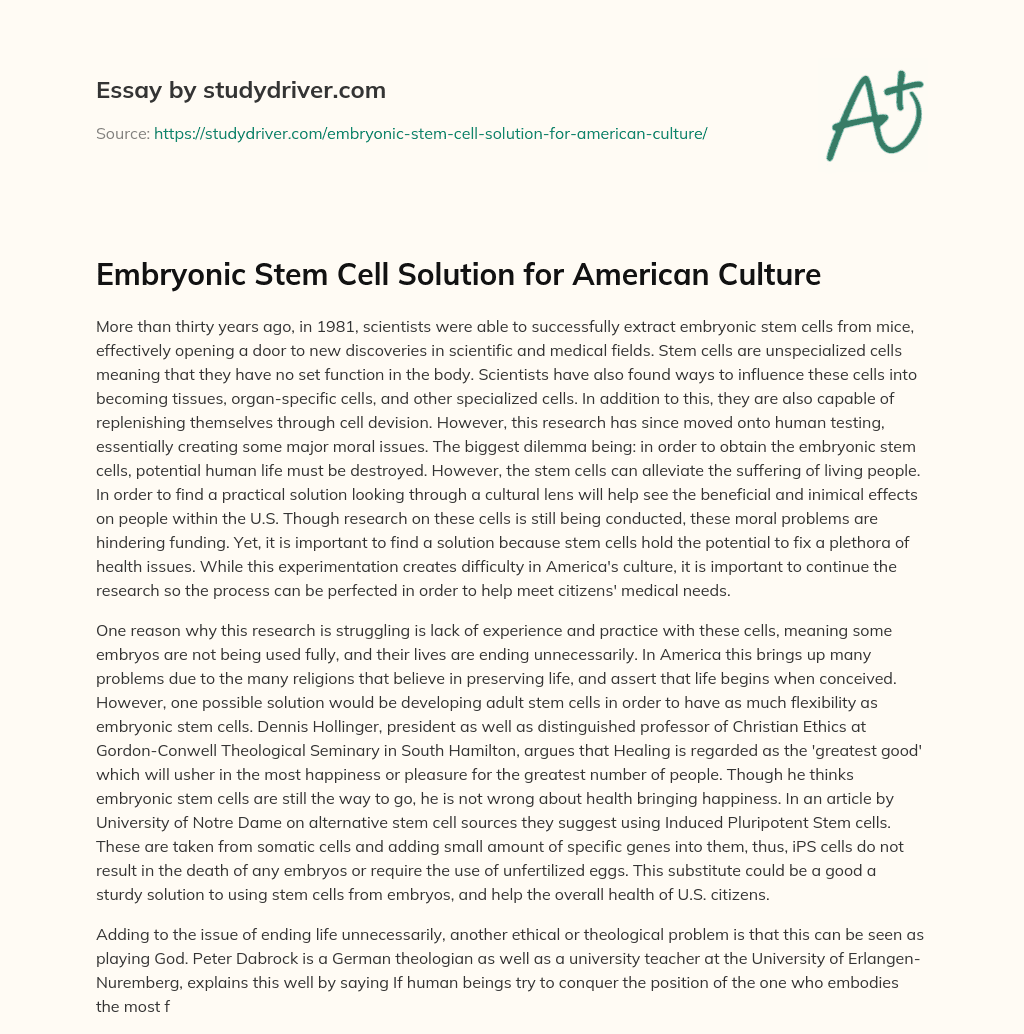 Embryonic Stem Cell Solution for American Culture essay